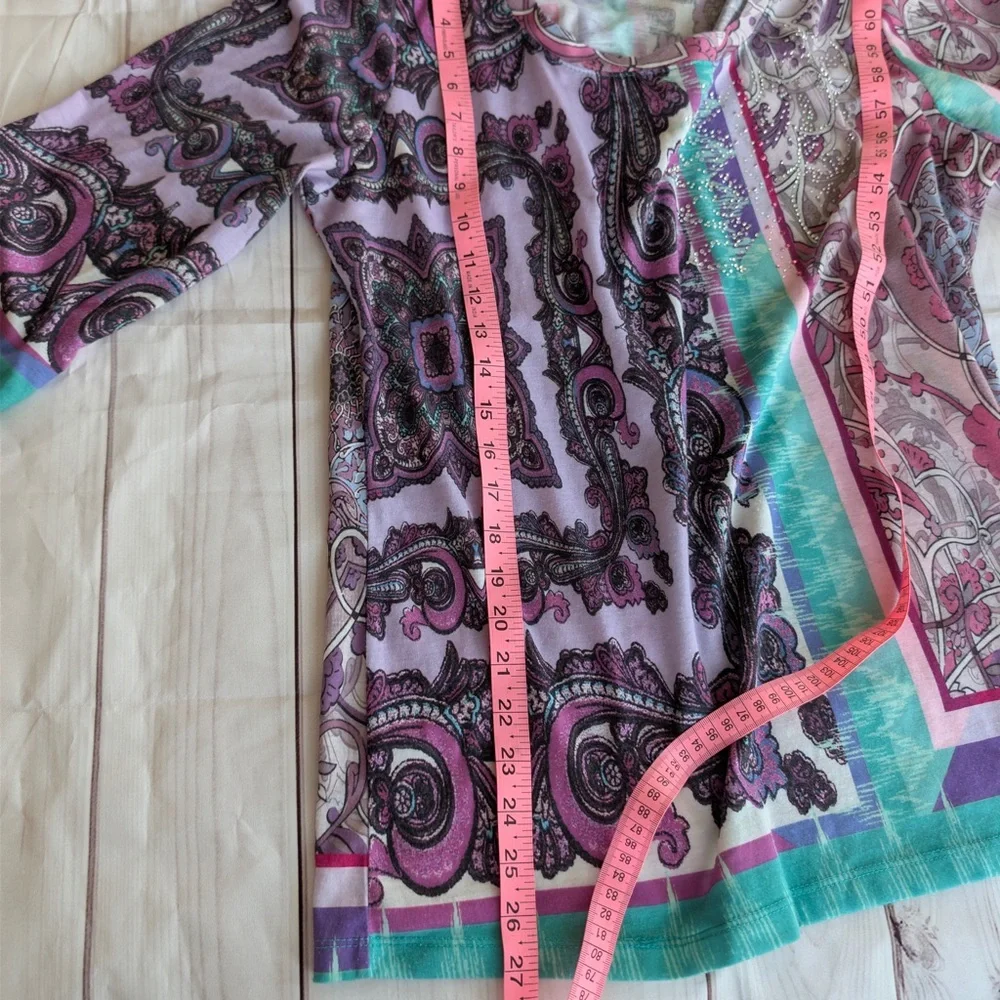 Women’s Size XL Knit Top Paisley Embellished Scoop Purple 3/4 Sleeve Kiara - Picture 7 of 11